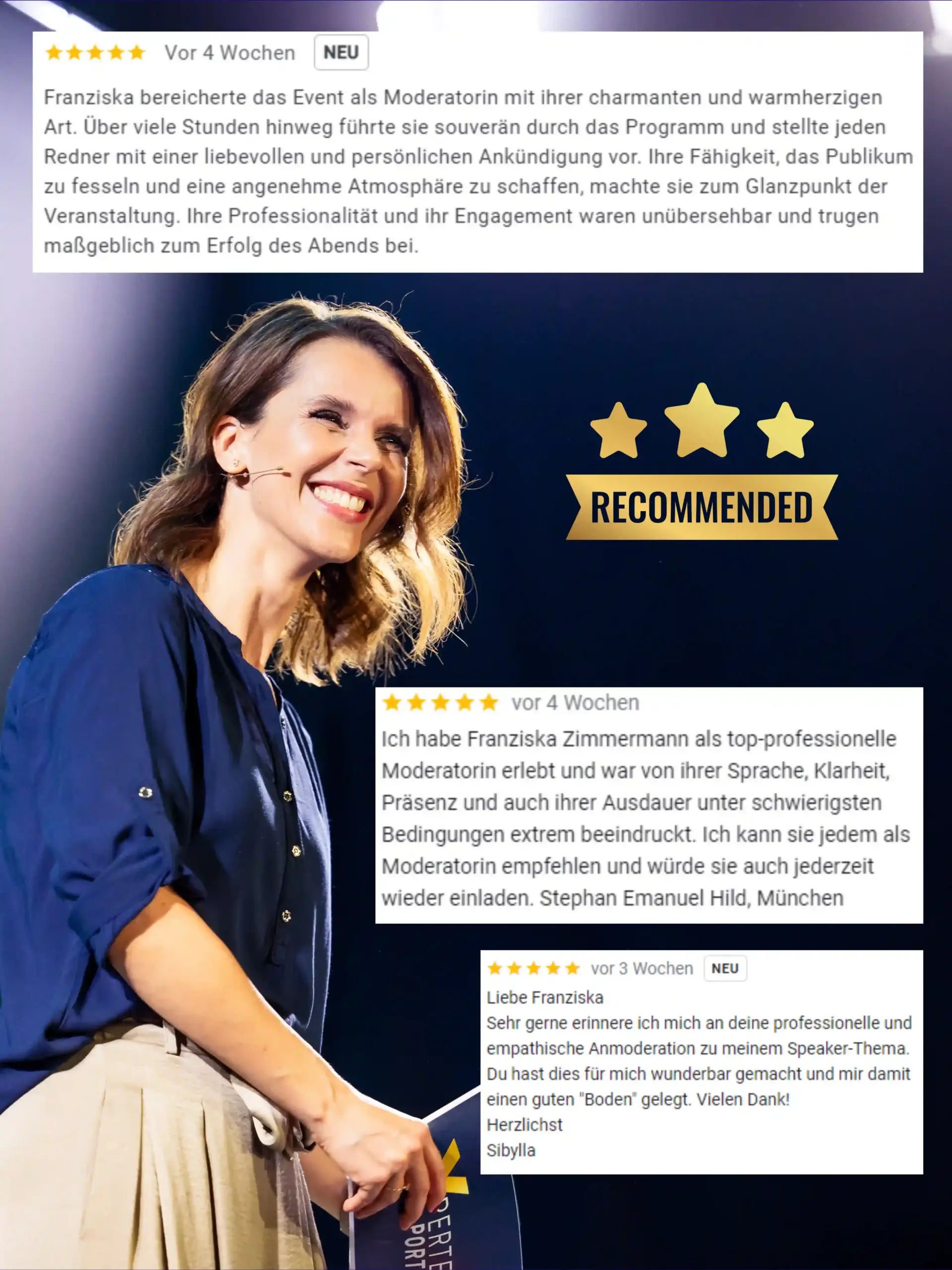 Moderatorin Franziska Zimmermann auf der Bühne während einer Moderation, dazu positive Kundenfeedbacks eingeblendet